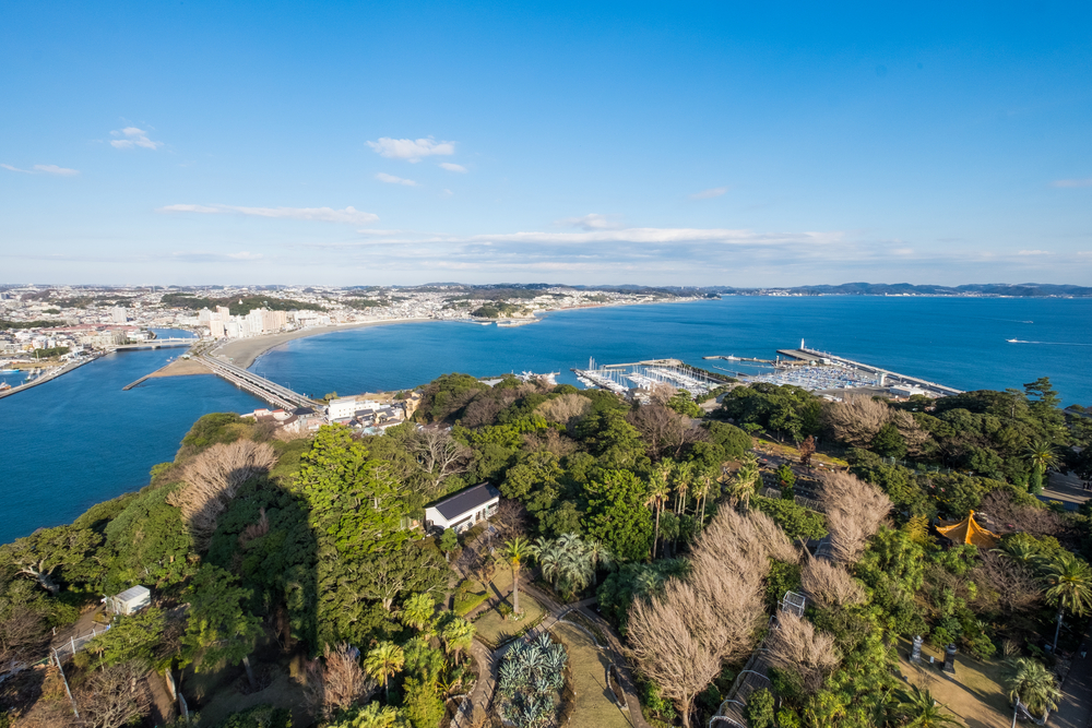 View of Enoshima Island From the Observation Deck at Samuel cocking garden - Kamakura, Japan
